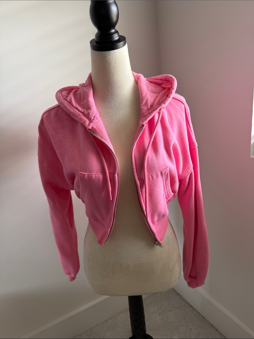 Women's Pink Cropped Hooded Zip Jacket